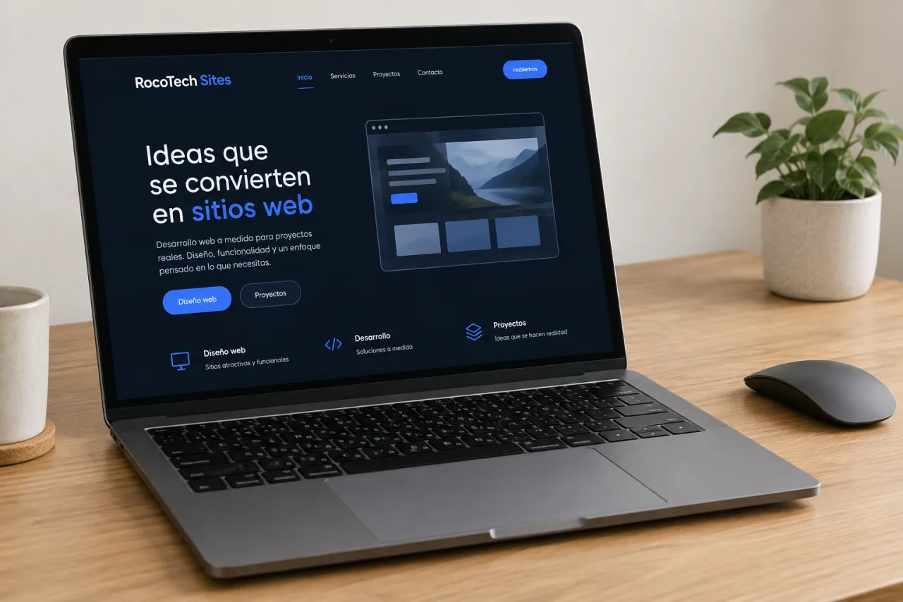 Portátil con una aplicación conceptual sobre una mesa de trabajo.